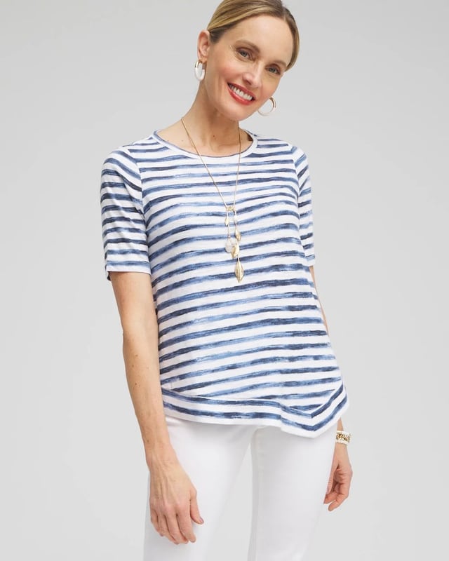 Stripe Asymmetrical Elbow Sleeve Tee